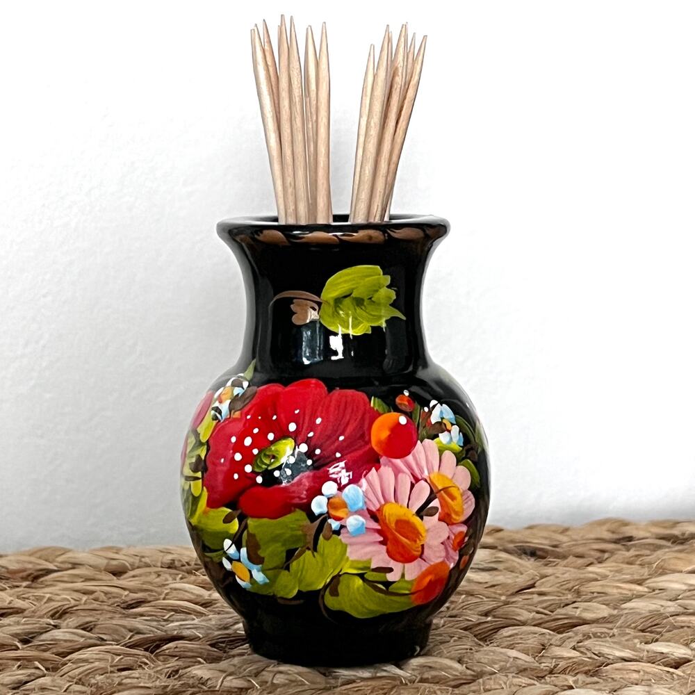 Petrykivka Artisanal Toothpick Holder Mini Vase Floral Poppy Birch Wood Ukraine